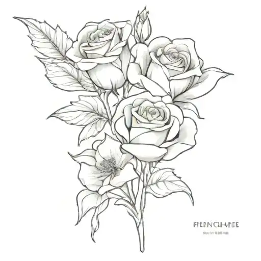 2 roses, one marigold and one iris flower bouquet tied by ribbon  tattoo design idea