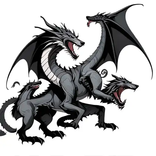 dragon with wolves fighting knights tattoo design idea