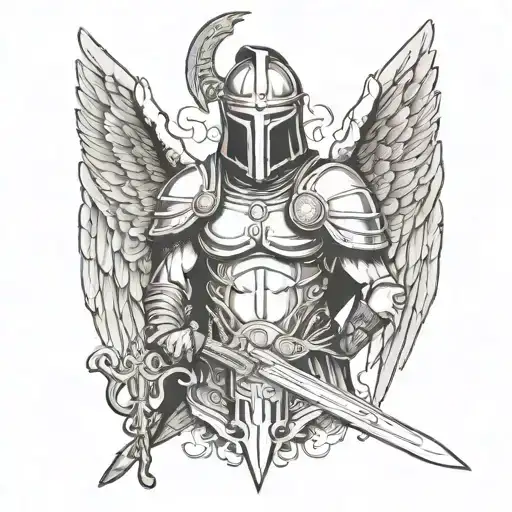 angel with wings facing, Spartan helmet on his head and a crossed sword held in front of him tattoo design idea