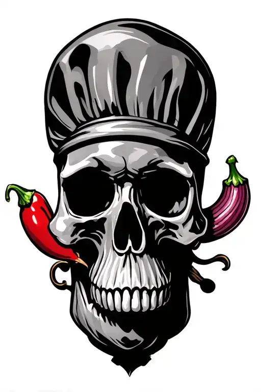 skull cook, chilli, onion, knife tattoo design idea