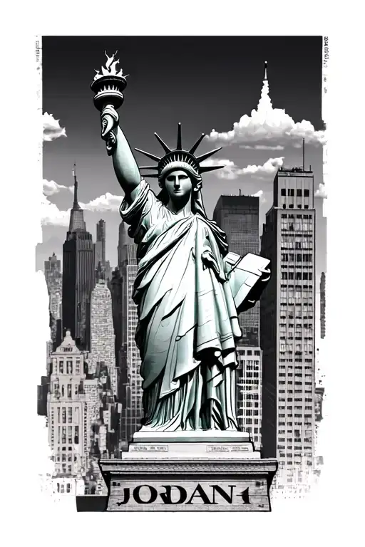 Statue of Liberty with torch, buildings blended in the background, the NY logo, & Jordan 1's hanging, and the NY times tattoo design idea