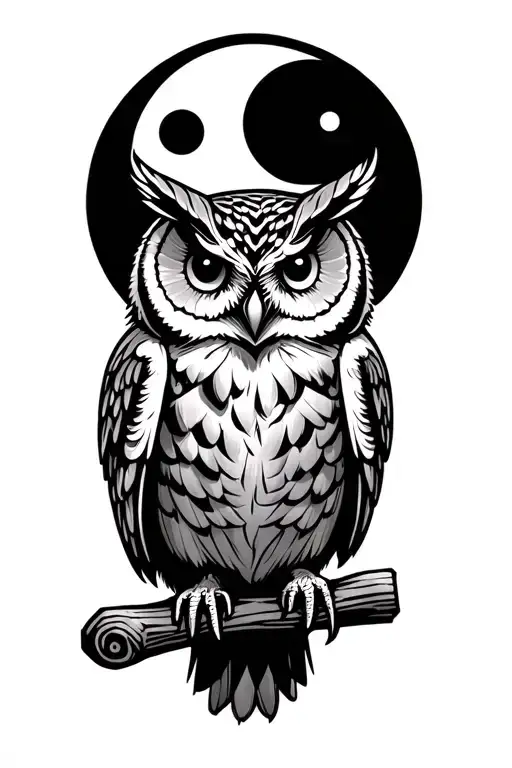 owl sitting on a wooden stick with a moon in the background in a old school traditional style tattoo design idea