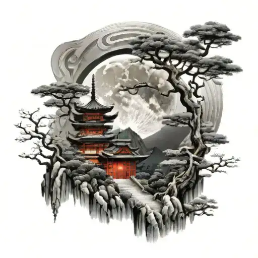 Japanese temple and moon with mountains inside tattoo design idea