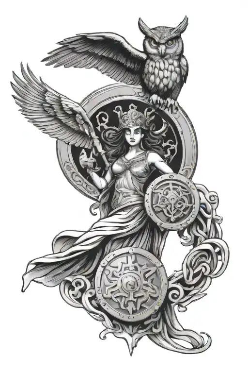Athena Mythology With owl flying and Medusa Shield tattoo design idea