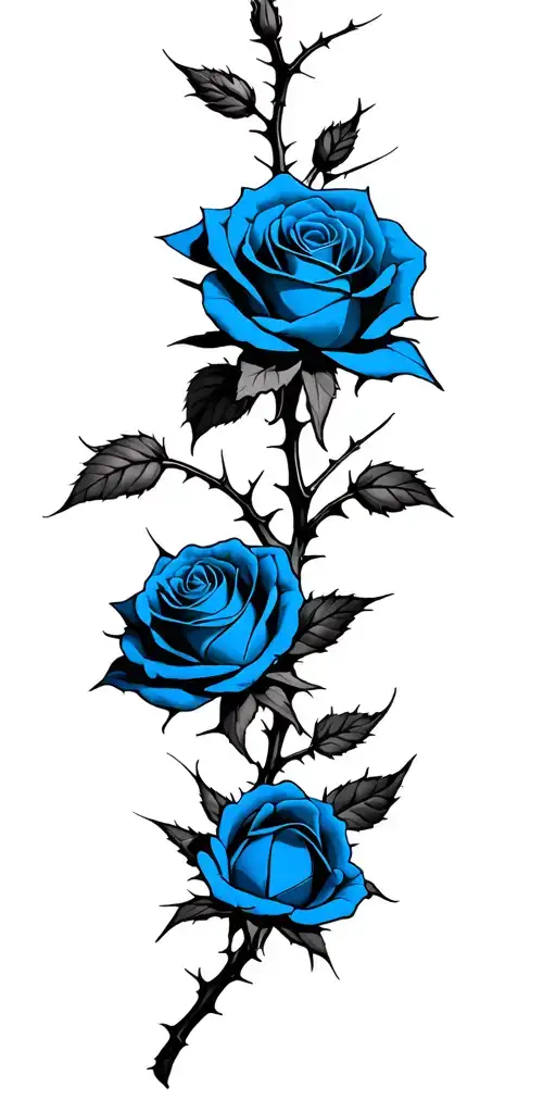 3 roses of different shapes blue colors in a branch and wild thorns tattoo design idea