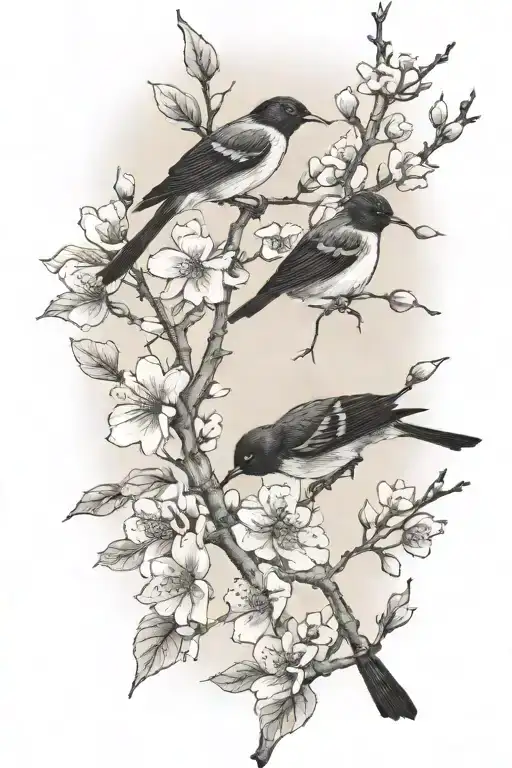 sideways skinny spooky scary cherry branch with minimal blossoms and four very small solid black birds sitting  tattoo design idea