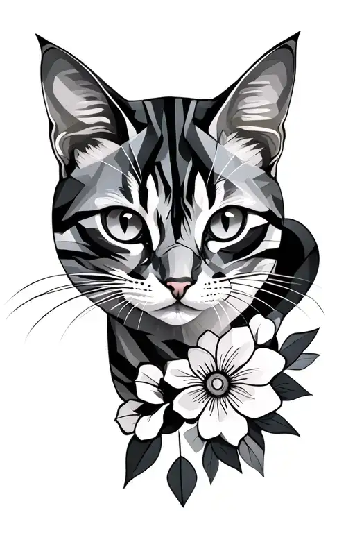 Cat with geometric on face thick lines simple With flowers  tattoo design idea