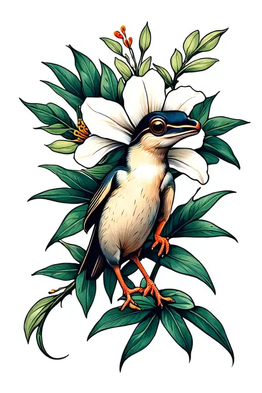 realistic flor de maga with coqui perched on it delicately clean solid line work  tattoo design idea
