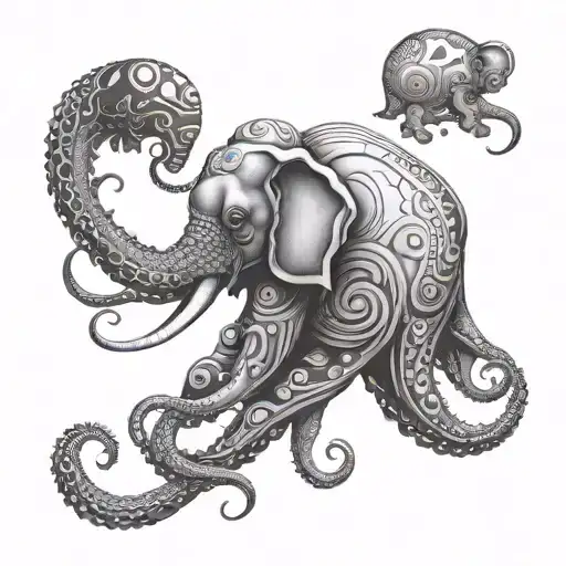 space and octopus and elephants tattoo design idea