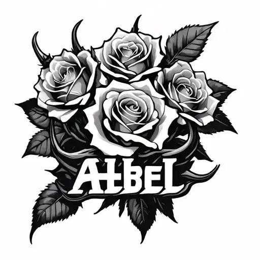 multiple realistic roses with thorns with the name abel running through in gangster lettering forearm tattoo  tattoo design idea