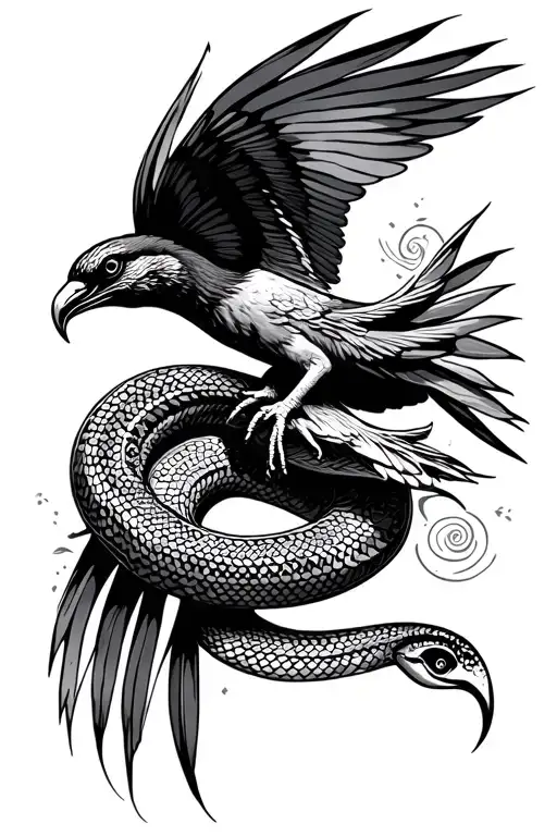 Quetzal bird flying above aztec motifs snake tattoo design idea