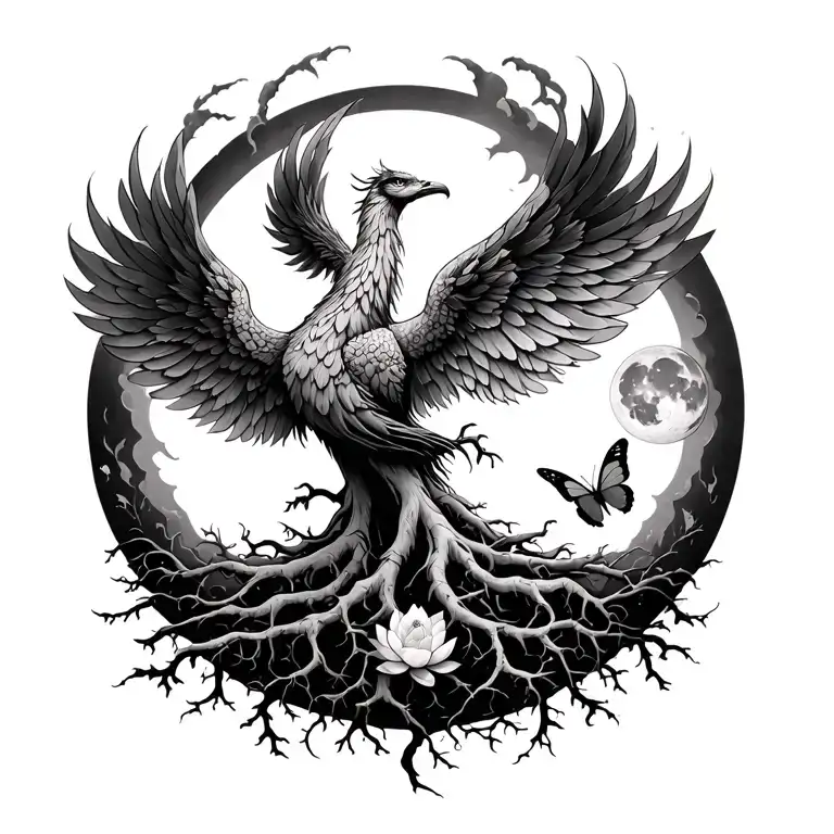 a phoenix-tree hybrid with roots, wings, branches, and symbolic details (sun, moon, butterfly, lotus) tattoo design idea