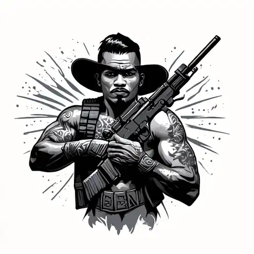 Filipino Mexican Tribal Warior holding Tequila Military short hair with ar-15 tattoo design idea