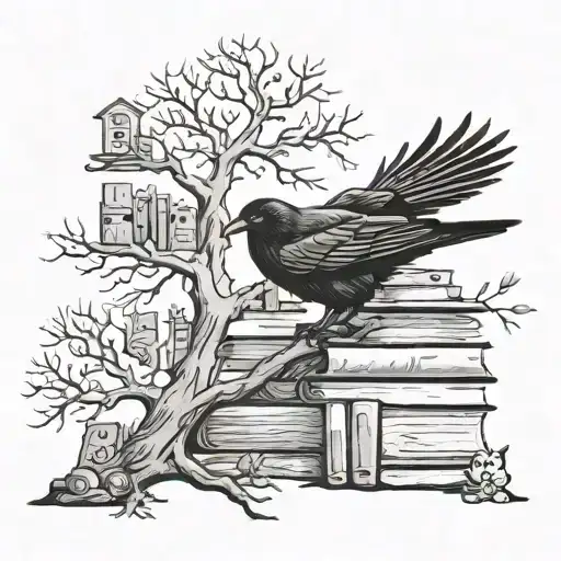Crow in tree with books, a graveyard, and ghosts tattoo design idea
