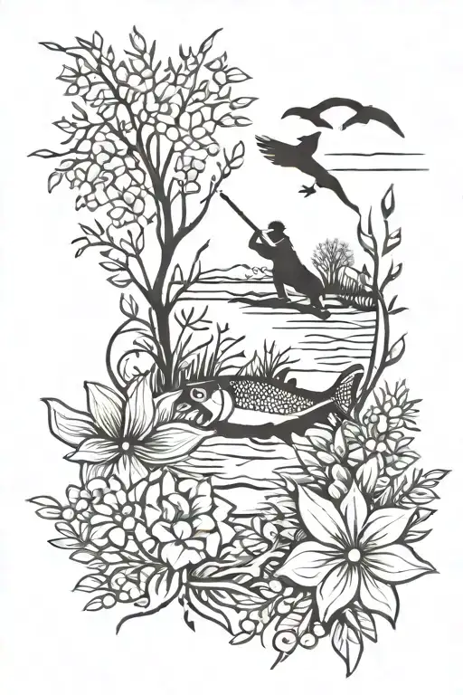outdoors, floral, hunting, fishing tattoo design idea