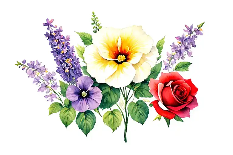 yellow begonias + purple and white double petunias + red rose + lilacs tattoo design idea