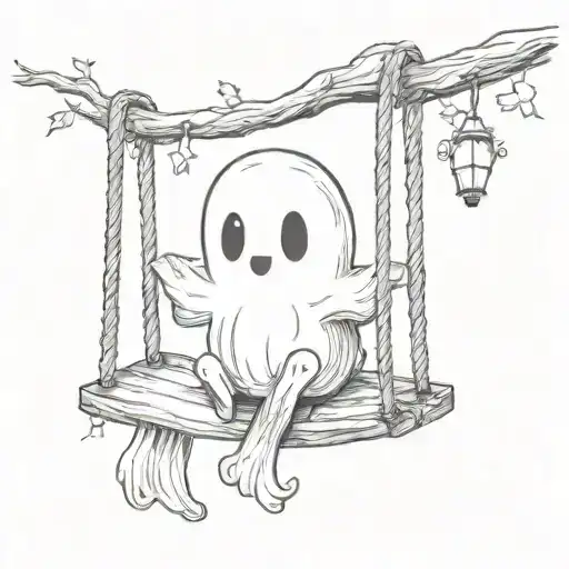 cute ghost on a swing in black and white tattoo design idea