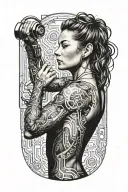 combine bodybuilding women flexing bicep with technology circuits tattoo design idea