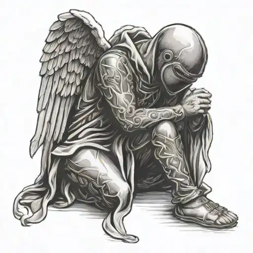 angel in balaclava praying on knees tattoo design idea