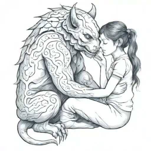 a drawing of a petite beautiful girl comforting a sad demon beast sitting side by side tattoo design idea