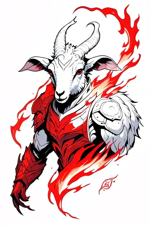 Forearm-down tattoo design in illustrative realism — “Shadowfire Kindred” theme.Masculine Lamb in molten crimson armor  tattoo design idea