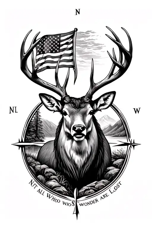 not all who wonder are lost compass, mountain stream, old u.s flag mule deer buck with drop tines tattoo design idea