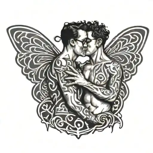 two gay man with butterfly wings symbol of love out make it keith haring style, sexual, lovers tattoo design idea