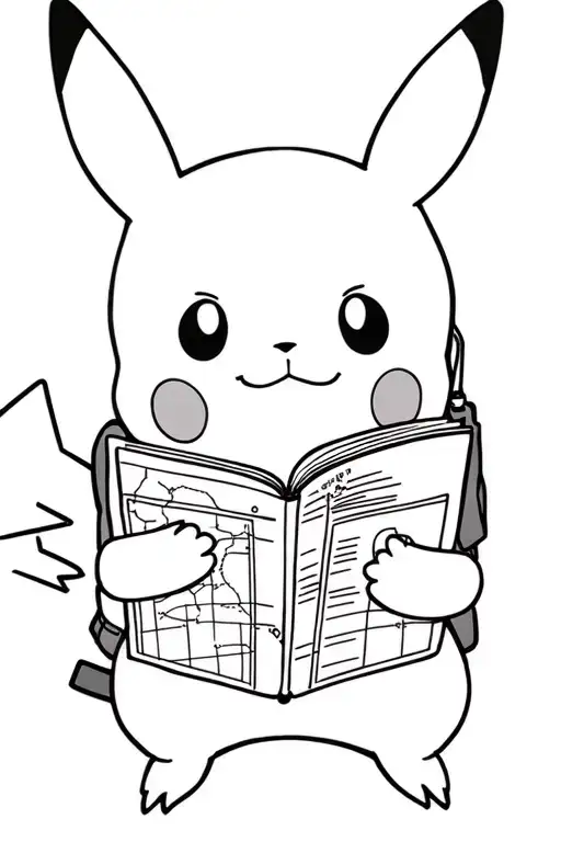 An smiling Pikachu with a backpack reading a map outline tattoo design idea