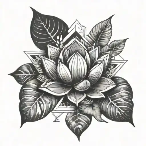 lotus, tropical leaves, travel, geometic symbols, beehive shapes tattoo design idea