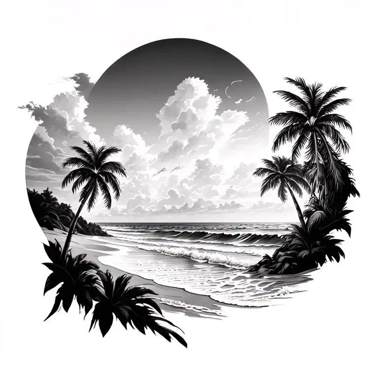 Concept: Black-and-gray full-back tattoo in three sections:	•  Left: Detailed beach with sand, waves, and palm trees, u tattoo design idea
