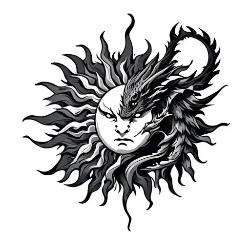 a tribal sun on shoulder  with dragon in biceps  tattoo design idea