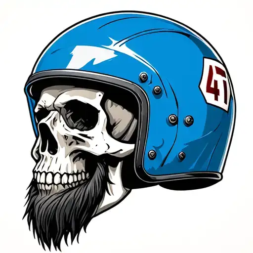 3/4 view of a bearded skull wearing a blue 1970s era motorcycle helmet with the number 47 on the side tattoo design idea
