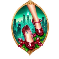 two sparkling ruby ballet slippers with emerald city in the background, no legs tattoo design idea
