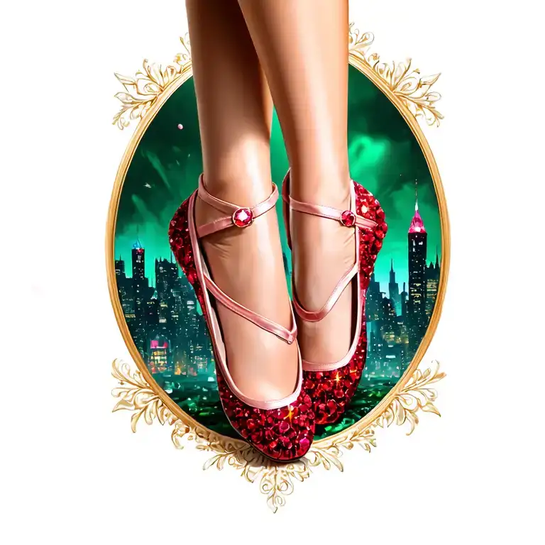 two sparkling ruby ballet slippers with emerald city in the background, no legs tattoo design idea