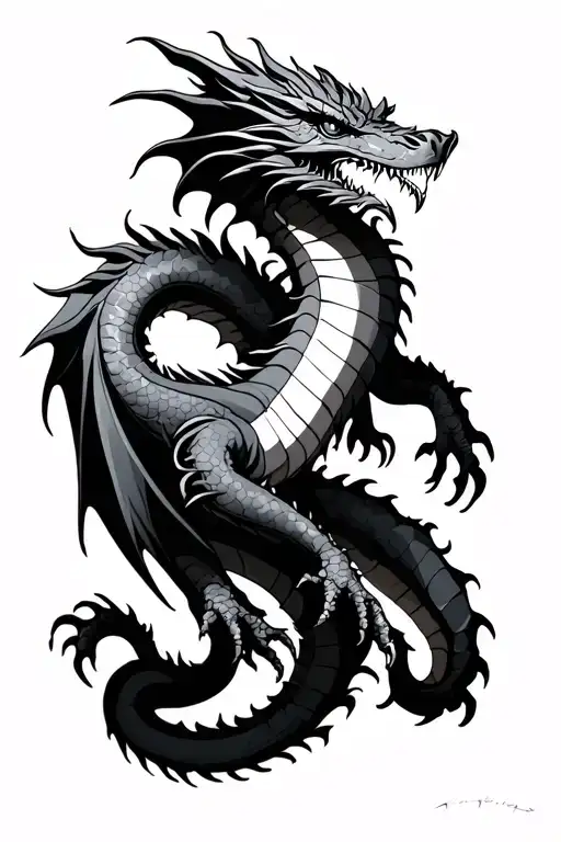 dragon around my leg, black, white, gray tattoo tattoo design idea