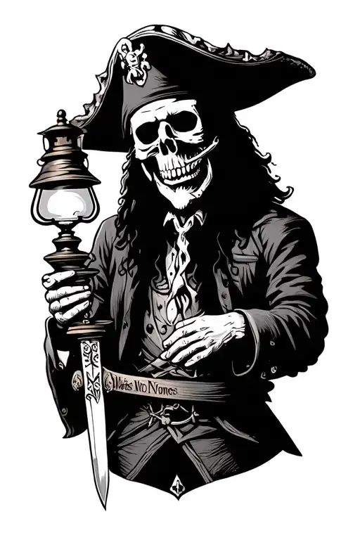 "davy jones waits for no man" skelton pirate holding up an oil lamp wearing a captians hat with a dagger in his mouth, tattoo design idea