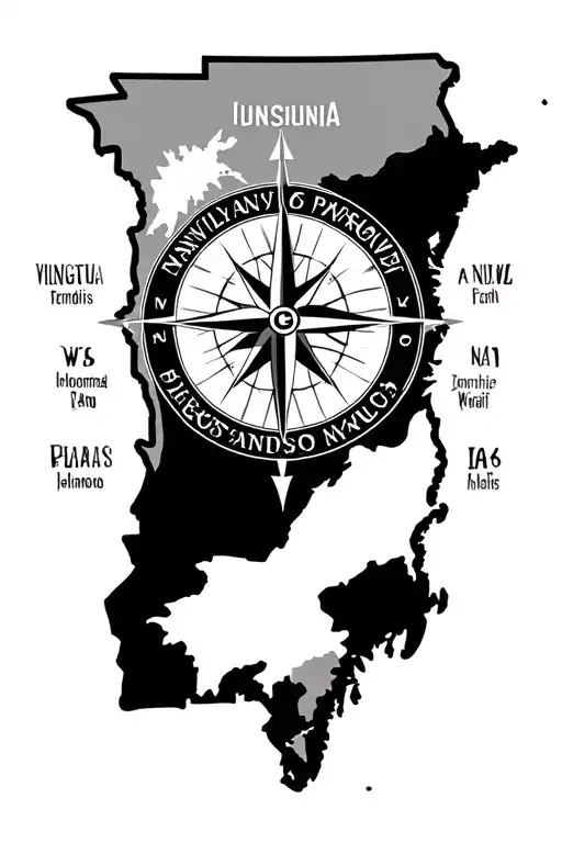 three state outline Pennsylvania on top Virginia on bottom and Illinois left with names inside around compass direction tattoo design idea