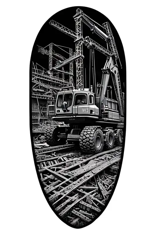 Create a dotwork tattoo featuring a detailed blueprint of a construction site with heavy machinery tattoo design idea