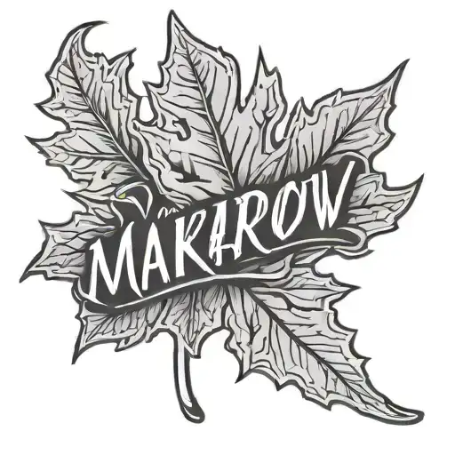 maple leaf with the inscription "Makarov" in the style of hand-lettering tattoo design idea