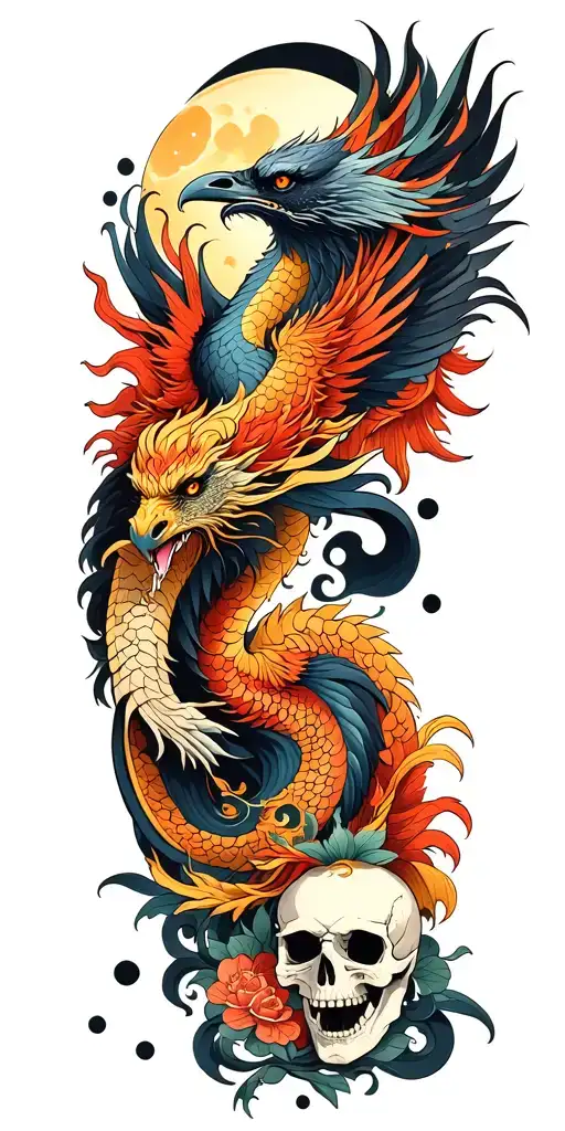 dragon and phoenix and skull and moon and raven tattoo design idea