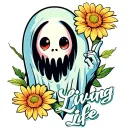 Cute Ghost emerging from flower flipping someone off with the words Living Life tattoo design idea