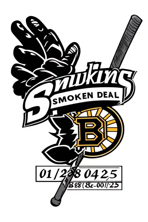 bruins logo and "Smoken deal"  and locross stick date 01/28/64-08/01/25 tattoo design idea