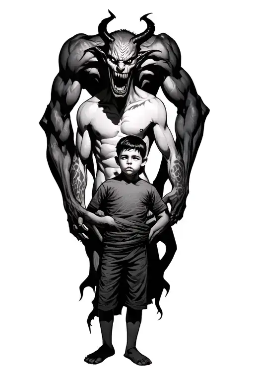 a young boy standing with a scary demon towering behind wrapped around his body tattoo design idea