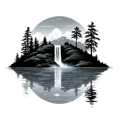 Floating Island, lake with waterfall, dark, simple, shadow tattoo design idea