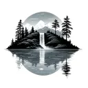 Floating Island, lake with waterfall, dark, simple, shadow tattoo design idea