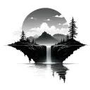 Floating Island, lake with waterfall, dark, simple, shadow tattoo design idea