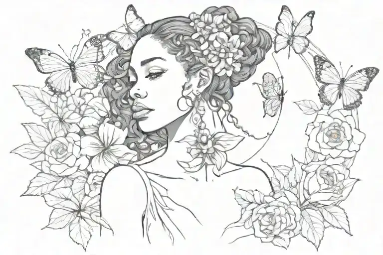 Black Woman with Butterfly wings and flowers blooming tattoo design idea