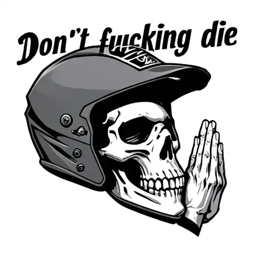 "Don't fucking die" skull in motocross helmet with praying hands tattoo design idea