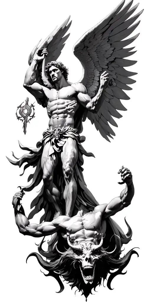 archangel Michael defeating satan below him tattoo design idea
