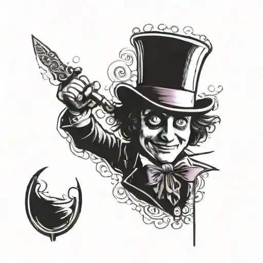 A creepy Willy Wonka holding a knife in a blackwork style tattoo design idea